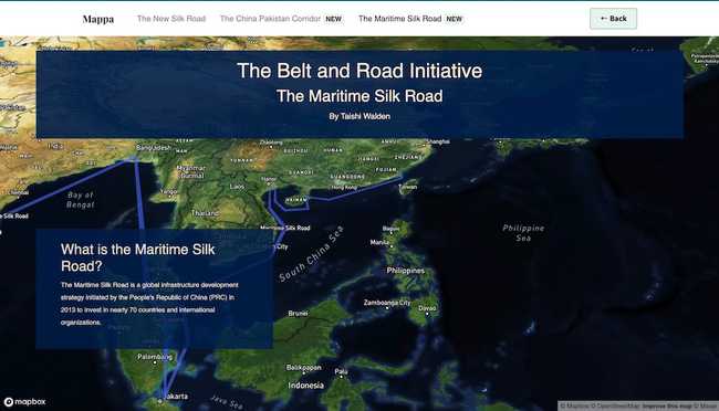 Screenshot of a Mappa news article describing the Belt and Road Initiative with an interactive map.