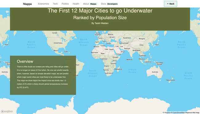 Screenshot of a Mappa news article depicting the first 12 major cities to go underwater due to climate change on an interactive map.