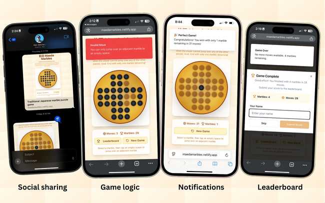 Image showing the various features of the Maeda Marbles game, such as sharing with friends, game logic, notifications, and leaderboard.
