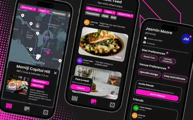 Image of an app UX mockup on Figma showcasing the social features and user profile settings.